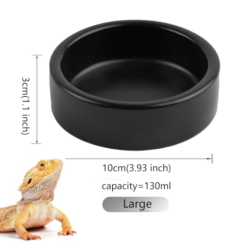 OMEM 2 Pack Black Ceramic Reptile Food and Water Dish Anti Escape Bowl for Bearded Dragons, Lizards, Geckos and Leopards (Large) - size: Large