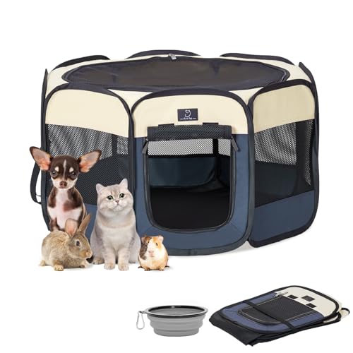 A 4 Pet 30-in Dog Playpen for Small Dogs & Puppies, Blue+Beige | Includes bowl, waterproof floor, pop-up design, home/travel/outdoor use - color: Blue+Beige, size: S(29.92"x29.92"x16.5")