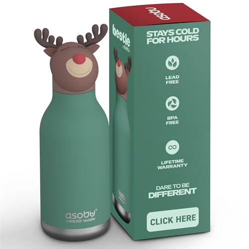 asobu Bestie Water Bottle, Cute Collectible Character, Leak Proof, BPA Free | 16 oz, Stays Cold 24 Hours, Double Wall Vacuum Insulation, Food Grade Stainless Steel, Spill Resistant, Great Gift Idea - color: REINDEER