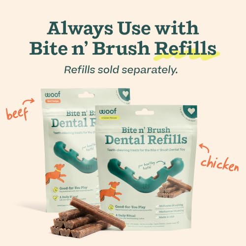 WOOF Bite n' Brush Dog Dental Chew Toy for Small Dogs 10-25 lbs | Dog toothbrush toy, V-shaped design, reusable, easy to clean, dental dog toy - size: Small