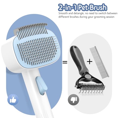 Dog & Cat Brush for Shedding, 2-in-1 Self Cleaning Deshedding Brush | Adjustable Bristle Length with Dematting Comb Skin Friendly Fur Shedding Removal Tool for Long Medium Long Hair Pets (Blue) - color: Blue
