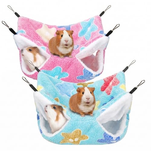 2 Pack Large 13.8x13.8in Rat Hammock for cage, Cozy Ferret Bed and Plush Hamster Hideout, Reliable Guinea Pig Accessories for cage, Great Small Animal beds,Purple, Coffee (Pink, Green) - color: Pink, Green