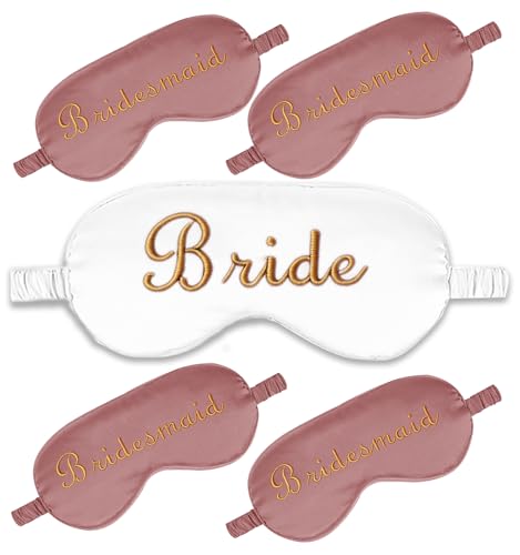 WJINGYIJIA Bridal Party Satin Sleep Mask Set, 1 Bride and 4 Bridesmaid Eye Masks, Gold Embroidered, Bachelorette Party Favors, 5 Pack (Sandalwood, One Size) - color: Sandalwood