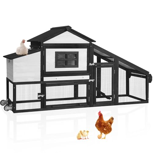 Aivituvin Mobile Chicken Coop with Wheels for 2-4 Chickens, Backyard Expandable Chicken House Duck Cage with Run, 2 Nesting Boxes, Easy Clean Pull-Out Tray, Leak-Resistant Asphalt Roof, 72.3"(Black) - color: Black, size: 72.3"L x 26.0"W x 39.4"H