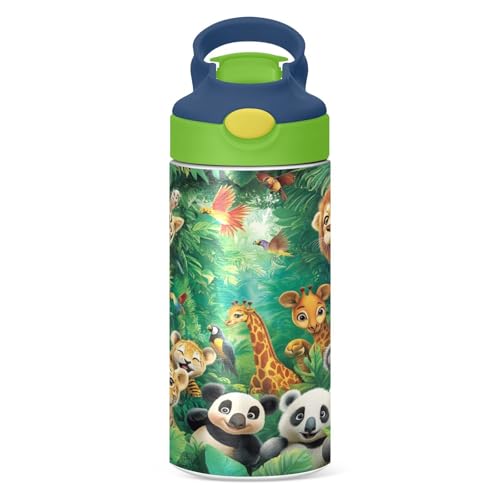 OTVEE Animal World Kids Water Bottle with Straw Lid 12 oz Insulated Stainless Steel Leakproof Duck Mouth Tumbler Cup for Boys Girls Teen School - color: Animal World