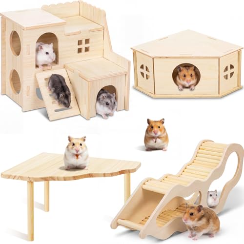 BreezeHug 4 Pcs Hamster Cage Accessories Hamster Platform Hideout Wooden Tunnel Ladder Playhouse Game Climbing Toy with Platform for Pets Dwarf Syrian Mice Degus Gerbils Squirrel(Spy Villa) - style: Spy Villa