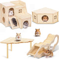 BreezeHug 4 Pcs Hamster Cage Accessories Hamster Platform Hideout Wooden Tunnel Ladder Playhouse Game Climbing Toy with Platform for Pets Dwarf Syrian Mice Degus Gerbils Squirrel(Spy Villa) - style: Spy Villa