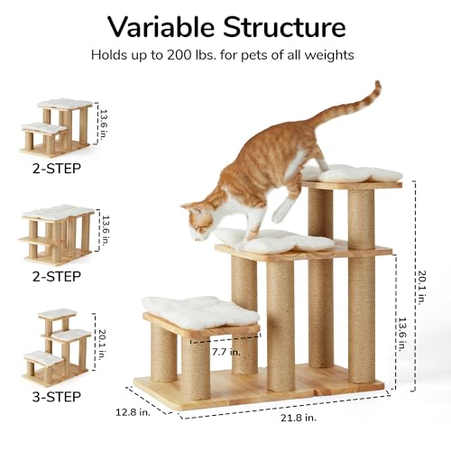 FUKUMARU Dog Stairs, Solid Wood Pet Stairs with Cat Scratching Post | Transformable Cat Step Hold Up to 200 lbs, 20" Pet Ramp for Dogs and Cats to Climb High Bed and Couch, Over 6 Combinations - color: White