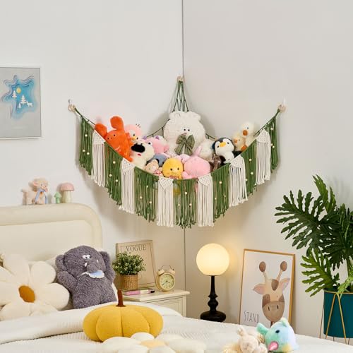 Stuffed Animal Hammock with Weaving Tassels and Beads Avocado Green - color: Avocado Green