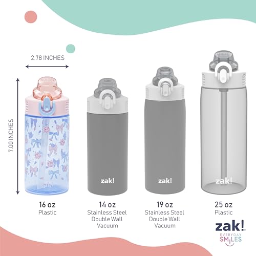 Zak Designs Berry and Bows Sage 16oz Leak-Proof Straw Kids Water Bottle | BPA Free Durable Plastic, Cupholder Friendly, Dishwasher Safe, Easy to Clean, Lid Lock, Handle, For School, Home, Travel - color: Berry and Bows