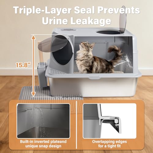 Stainless Steel Litter Box with Lid, XL Large Enclosed Cat Litter Box | Metal Cat Litter Box for Big Cats with High Sided,Anti-Leakage,Front & Top Entry,Includes Mat & Scoop - size: XL (Enclosed)