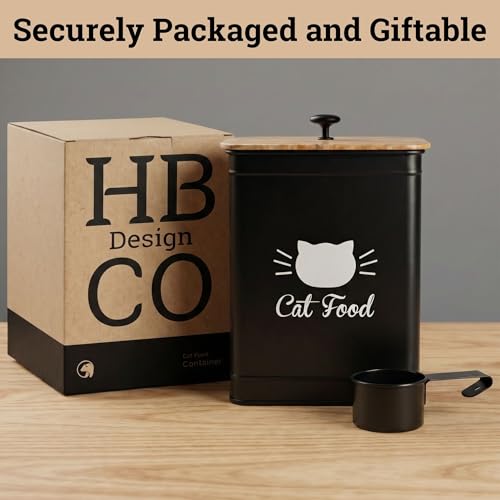 Cat Food Container with Scoop 5-7 lb (25 Cup), with Airtight Bamboo Lid | Cat Kibble Canister with Metal Scoop, 25 Cups, Chew Proof Iron Body, Powder Coated, Airtight Bamboo Lid, Sturdy Metal Handle - color: Black