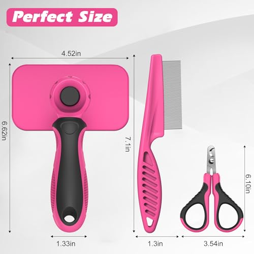 3PCS Cat Grooming Supplies, Cat Brush & Nail Clipper/Trimmer & Flea Comb for Shedding Indoor Cats Essentials Stuff Accessories (Pink) - color: Pink