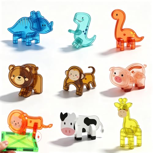 Magnetic Animal Figures for Magnetic Tiles, 3D Assemble Zoo Dinosaur Animal Toys, STEM Educational Sensory Play Set for Kids , Compatible with Magnetic Building Blocks, Ideal Gift for Boys Girls (9)
