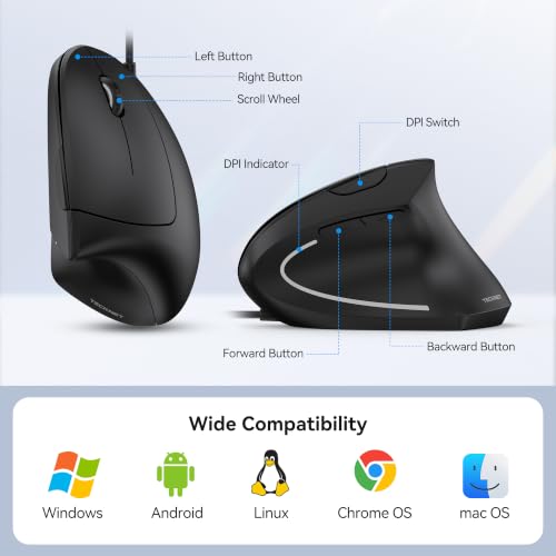 TECKNET Wired Mouse, Comfortable Ergonomic Mouse with 6400 DPI | Plug & Play, 4-Level Adjustable DPI, Silent Click, Vertical Mouse Compatible with Laptop/PC/Windows/Chromebook - color: Black