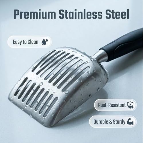Full Metal Cat Litter Scoop with Holder, Stainless Steel Cat Litter Scooper Holder, Stainless-Steel Kitty Scoop Captures All Clumps, Heavy Duty Kitty Metal Scooper with Non-Slip Handle - color: Gray