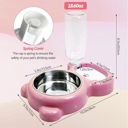 Rabbit Double Bowls Bunny Automatic Water Dispenser Detachable Stainless Steel Bowl No-Spill Water Bottle Food Feeder for Small Animals Bunny Squirrel Cat Puppy Chinchilla - color: Pink