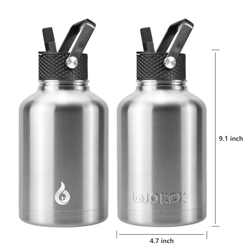 BJPKPK 50oz Large Insulated Water Bottle, Stainless Steel Water Jug | with Straw Lid, 3 Lids & Paracord Handle, Keep Cold & Hot, BPA-Free Leak-Proof Water Jug for Gym Sports Hiking Camping Travel - color: Stainless Steel, size: 50 Ounces