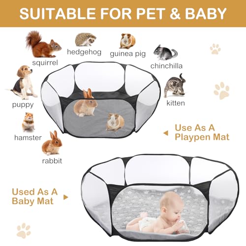 Hamster Playpen with Mat Small Animal Cage Tent Breathable Transparent Guinea Pig Playpen Waterproof Portable Yard Fence Mat Foldable Exercise Playpen Outdoor Indoor (Black,Star) - color: Black