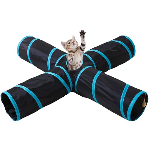 Pet Cat Tunnel, 4-Way Junction Tunnels for Indoor Cats, Collapsible Pet Tunnel for Kitten, Puppy, Rabbit, 25cm-Wide Tunnels, Durable & Breathable, with Peek Hole Toy Ball - color: 4-way Junction Tunnel & Black/Blue