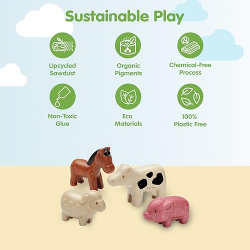 PlanToys Farm Animal Figurines Set - Four Cute Sustainably-Made Wood Pig, Sheep, Cow, and Horse Figures to Stimulate Interactive and Creative Play - color: Farm Animals Set