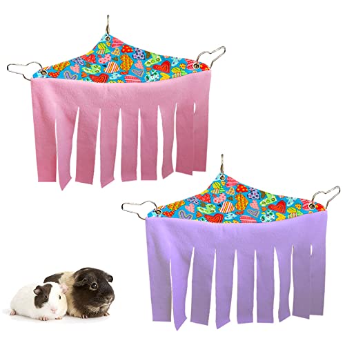 RIOUSSI Guinea Pig Hideout Hideaway Corner Fleece Toys Cage Accessories | Reversible Sides | Soft Fleece Fabric | Come with Hooks | Guinea Pig Hammock for Small Animals | Pink+Purple, Triangle - color: Pink+Purple