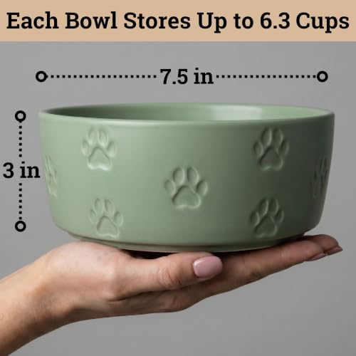 Ceramic Dog Bowl Set of 2 with Anti-Skid Base 7.5" W x 3" H, 6 Cup Capacity | Thick Ceramic, Dishwasher Safe, Anti-Skid Rubber Base, 6 Cups per Bowl, Ceramic Food & Water Bowls Set of 2 for Large Dogs - color: Sage Green, size: Large