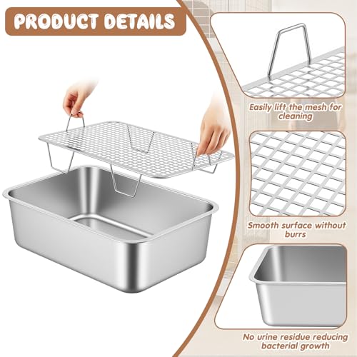 Maxcheck 2 Pcs Large Rabbit Litter Box, Stainless Steel Rabbit Litter Pan with 2 Raised Grid, High Back Wall Bunny Toilet Tray Potty Training Pan for Ferret Bunny Guinea Pig(L 19.5"L x 13.6"W x 6"H) - size: L 19.5"L x 13.6"W x 6"H