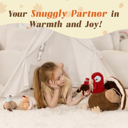 Thanksgiving Turkey Stuffed Animal with 3 Babies, 14" Fall Plush | 4Pcs Mother & Baby Turkey Plushies; Zipper Head Storage; Harvest Home Tabletop Decoration; Birthday & Christmas Gift for Kids - style: Turkey Red