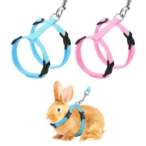 Rabbit Harness and Leash, Escape Proof Bunny Cat Leash Small Animal Harness Soft Adjustable Buckle(2Pcs, Pink/Sky Blue) for Bunny Kitten Cats Puppies Walking Hiking Training - color: Pink/Sky Blue