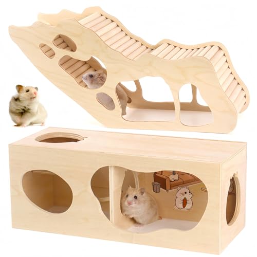 2Pcs Hamster House and Tunnel, Wooden Exploring Tunnel with Ladder, Small Animal Playground Exploring Toys for Rats, Syrian Hamsters, Guinea Pig, Gerbils(Style3) - color: Style3