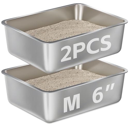 Stainless Steel Cat Litter Box,Medium Metal Litter Box 2pcs | 2 Pack Box for Cats,Easy to Clean,Indoor,Cat LitterBox for kitty/Kitten Rabbit,Litter Pan,No Smell - color: M - 2pcs