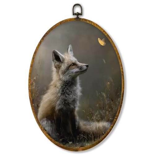 shiviody Vintage Farmhouse Fox Canvas Wall Art Decor, Fox Gifts for Women, Rustic Cottagecore Wild Animal Oval Hanging Frame Prints Decorations for Home Bedroom Living Room 8.6"x11.4" - color: Animals-45