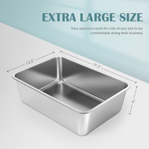 Stainless Steel Cat Litter Box, Large Metal Litter Box 19.5" Lx13.5 Wx6 H | Never Absorbs Odors,Stain Free, Rustproof, Non Stick Smooth Surface, Anti-Slip Rubber Bottom - color: 6" H, size: 19.5"L x 13.5"W