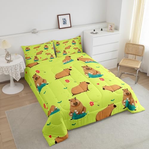 Capybara Comforter Set Gifts Twin Size, Kawaii Animal Decor Bedding Set Capybara Room Decor Capybara Floral Duvet Insert for Kids Boys Girls Bedroom, Funny Rodent Animals Quilt with 1 Pillow Case - color: Multi 01, size: Twin