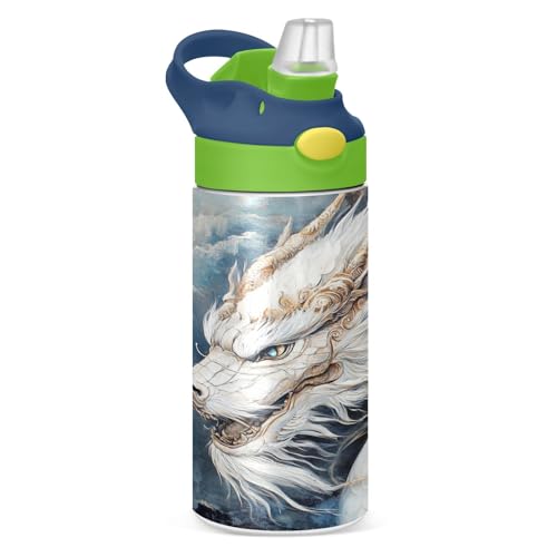 OTVEE White Dragon Kids Water Bottle with Straw Lid 12 oz Insulated Stainless Steel Leakproof Duck Mouth Tumbler Cup for Boys Girls Teen School - color: White Dragon