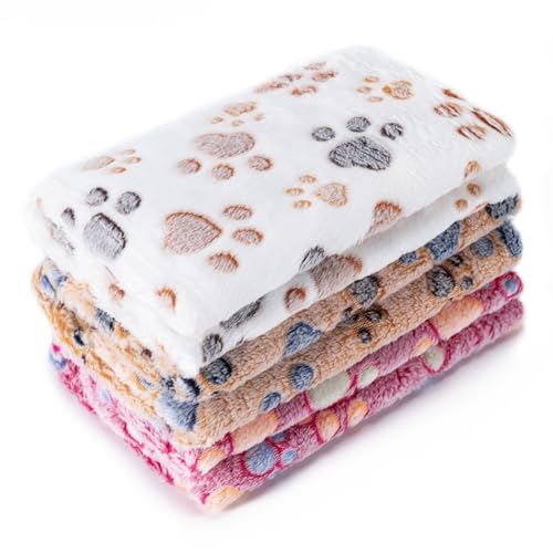 1 Pack 3 Blankets Super Soft Fluffy Premium Fleece Pet Blanket Flannel Paw Printed Throw for Dog Puppy Cat (Medium 30x20'', Brown, Pink, White) | Super Soft Fluffy Premium Fleece Pet Blanket Flannel Paw Printed Throw - color: White, Pink, Brown, size: 30x