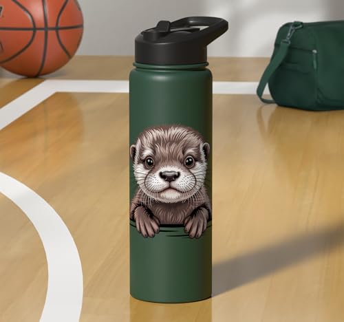 Cute Otter Pup Funny Peeking Pocket Animals Stainless Steel Insulated Water Bottle - color: Dark Green