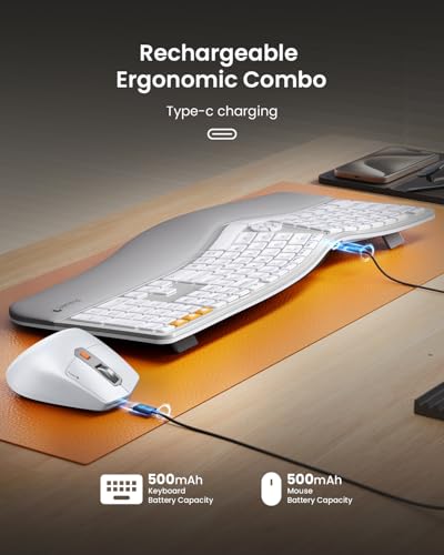 ProtoArc EKM01 Plus Wireless Ergonomic Keyboard Mouse Combo - White Silver | Full-size Split Keyboard with Cushioned Wrist Rest, Ergonomic Mouse, 3-Device Bluetooth/2.4G, USB-C Rechargeable - color: White Silver