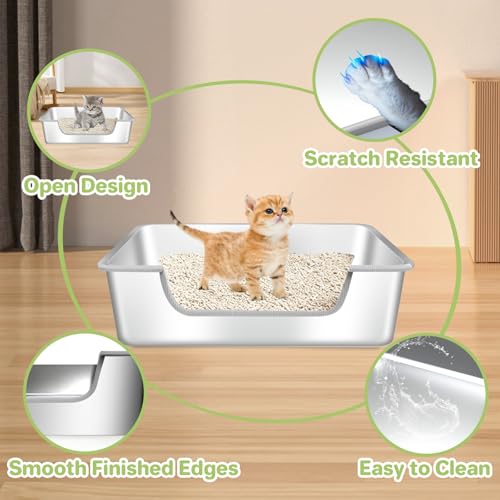 Low Entry Litter Box for Senior or Disabled & Injured Cats, Stainless Steel High Sided Enclosed Easy Step in Entry-Large Metal Kitty Litter Box for Kittens, Odor Control (23.6”x15.7”x5.9”) - size: XL-23.6"x15.7"x5.9"