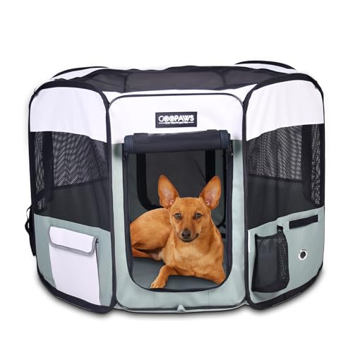 Jespet Soft Dog Playpen, Portable Pet Exercise Pen Kennel with Carry Bag | 2-Door, Easy to Fold, Ground Stakes, Zipper Locks, Large Storage Pocket, Washable Top Mesh Cover & Bottom Cover - color: Shale Green, style: 36x36x24 Inch (Pack of 1)