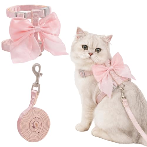 Kitten Harness and Leash Set, Escape Proof Cat Harness with Adjustable Design, Pink Bow Cat Vest Harness for Outdoor Walking, Soft Lightweight Harness for Small Cats Dogs Rabbits (Medium Size)