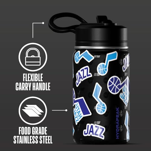 Hydrapeak NBA Officially Licensed Utah Jazz Mini 14oz Kids Stainless Steel Water Bottle with Straw Lid & Flexible Handle, Double Wall Insulated, Spill Proof, Perfect for Back to School - color: Utah Jazz