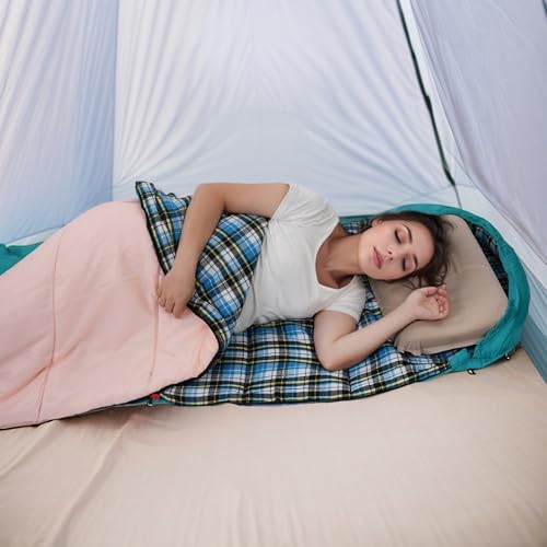 Cotton Flannel Lined Sleeping Bag for Adults Teens Kids, Cold Weather & Warm, 3 Seasons, Lightweight Compact Camping Essentials Equipment, Hiking, Outdoor, Travel - color: Green Pink