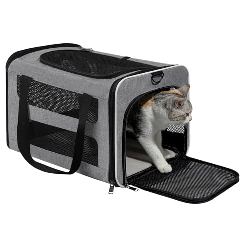 Cat Carrier Soft-Sided Travel Bag for Medium to Large Cat Over 15lbs | Small Puppy Dog Carry Crate 12 Pounds, Top Entry, Breathable Mesh, Pet Kitten Rabbit Cage Bag Transport Kennel Collapsible - color: Grey