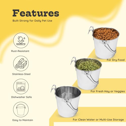 1 Quart Stainless Steel Flat Sided Bucket with Dual Hooks | 2 Pcs Durable Food & Water Bowl for Dog Cats Bird & Small Animals | Fits kennel Cage Crates Hanging Pet Pail | Multipurpose use - size: 1 Quart (Pack of 2)