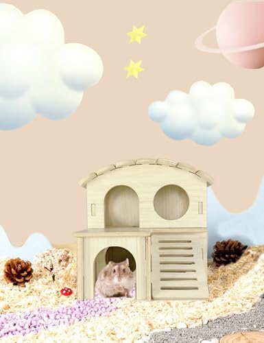 Hamster Hideout Cage Accessories - Hamster House and Habitat Wooden Hide Hut with Climbing Ladder and Platform for Dwarf Gerbils and Mouse Mice Rat Other Small Animals etc.