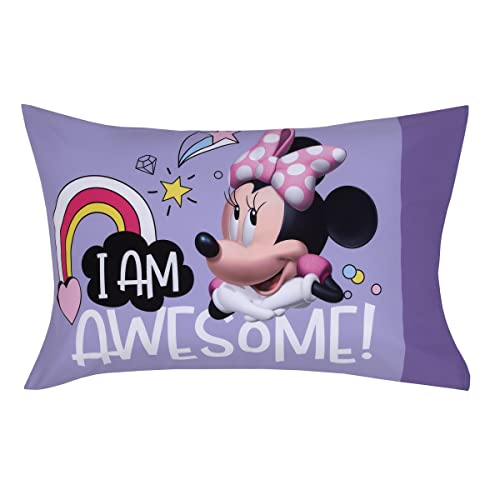 Disney Minnie Mouse I am Awesome Lavender, Pink, and White with BFF Daisy Duck, and Figaro The Cat 4 Piece Toddler Bed Set - Comforter, Fitted Bottom Sheet, Flat Top Sheet, and Reversible Pillowcase