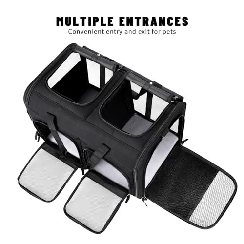 Cat Carrier for 2 Cats, Foldable Double Cat and Dog Carrier, Small to Medium Size, 2 Front Zippered Compartments,Two Pets Carrier for Outdoor Travel,Mulitple Cat Carrier (Black) - color: Black with 2 Pocket