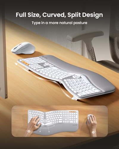 ProtoArc EKM01 Plus Wireless Ergonomic Keyboard Mouse Combo - White Silver | Full-size Split Keyboard with Cushioned Wrist Rest, Ergonomic Mouse, 3-Device Bluetooth/2.4G, USB-C Rechargeable - color: White Silver